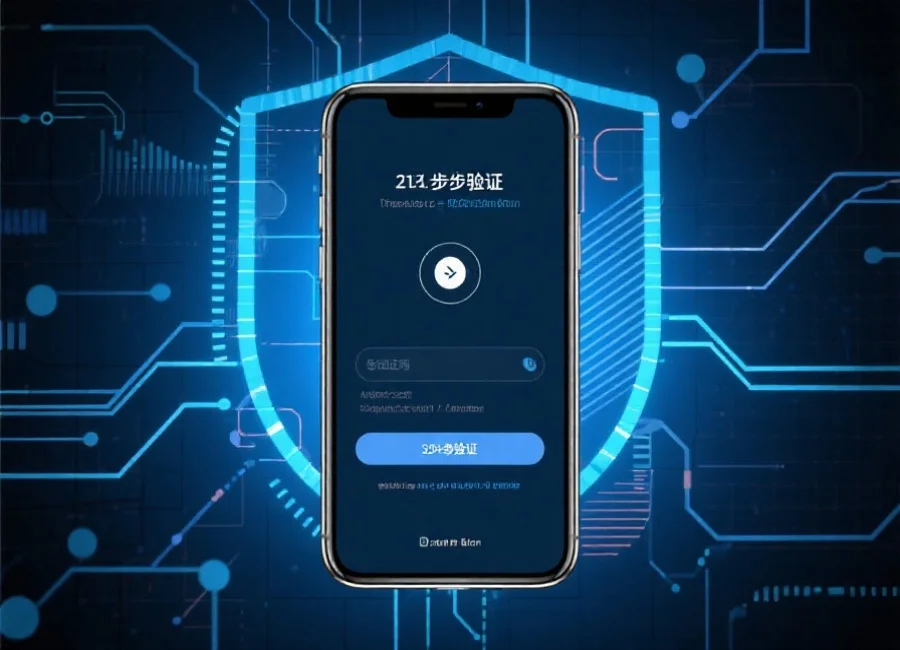 两步验证界面示意图，一部手机正显示验证码，背景为抽象的数据安全图形